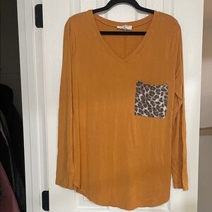 Zenana Outfitters Mustard Long Sleeve Top with Leopard Pocket